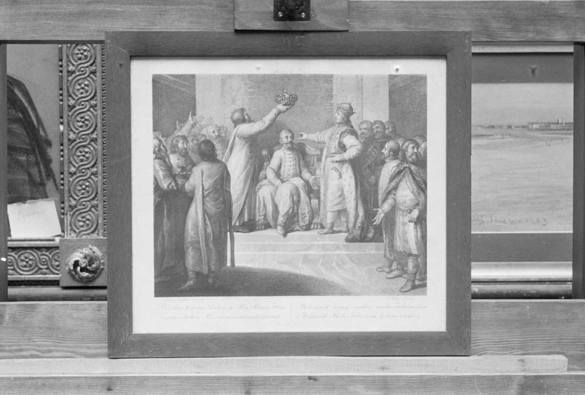 Muzeum Narodowe w Poznaniu, rycina  z Albumu Wileńskiego, Smuglewicz Franciszek "Bolesław II zwany Śmiałym w zamku królewskim na Węgrzech Belę książęcą koronę wieńczy", skan 1