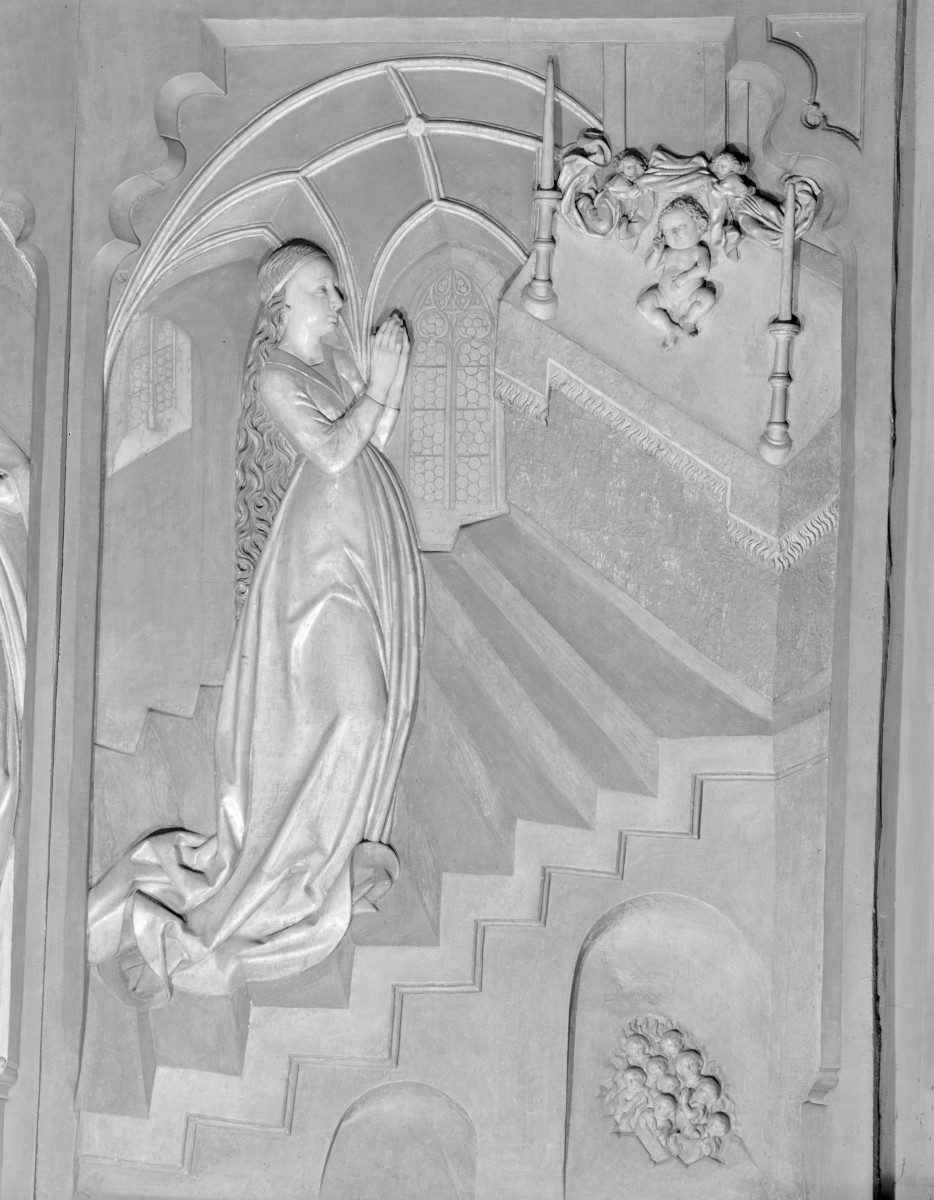 Kościół Mariacki pw. Wniebowzięcia Najświętszej Marii Panny - ołtarz Wita Stwosza: zewnętrze, skrzydło lewe - Ofiarowanie Marii (fragment), skan 1