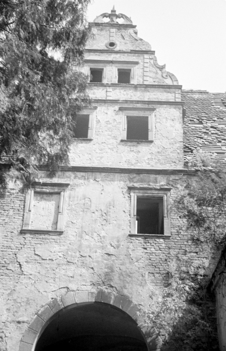 zamek, budynek bramny - górny fragment elewacji , skan 1