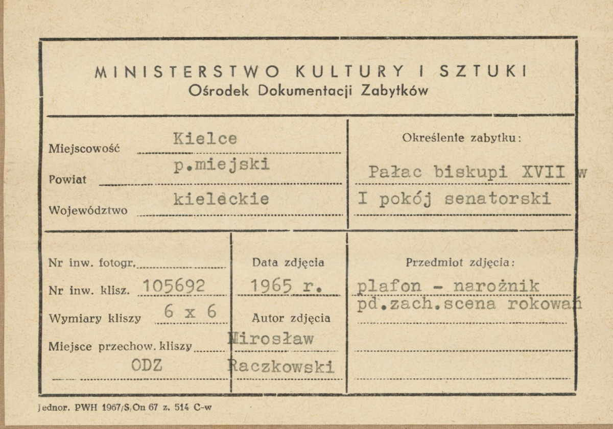 Pałac biskupów - wnętrze , I pokój senatorski , plafon - fragment sceny rokowań - metryczka, skan 1