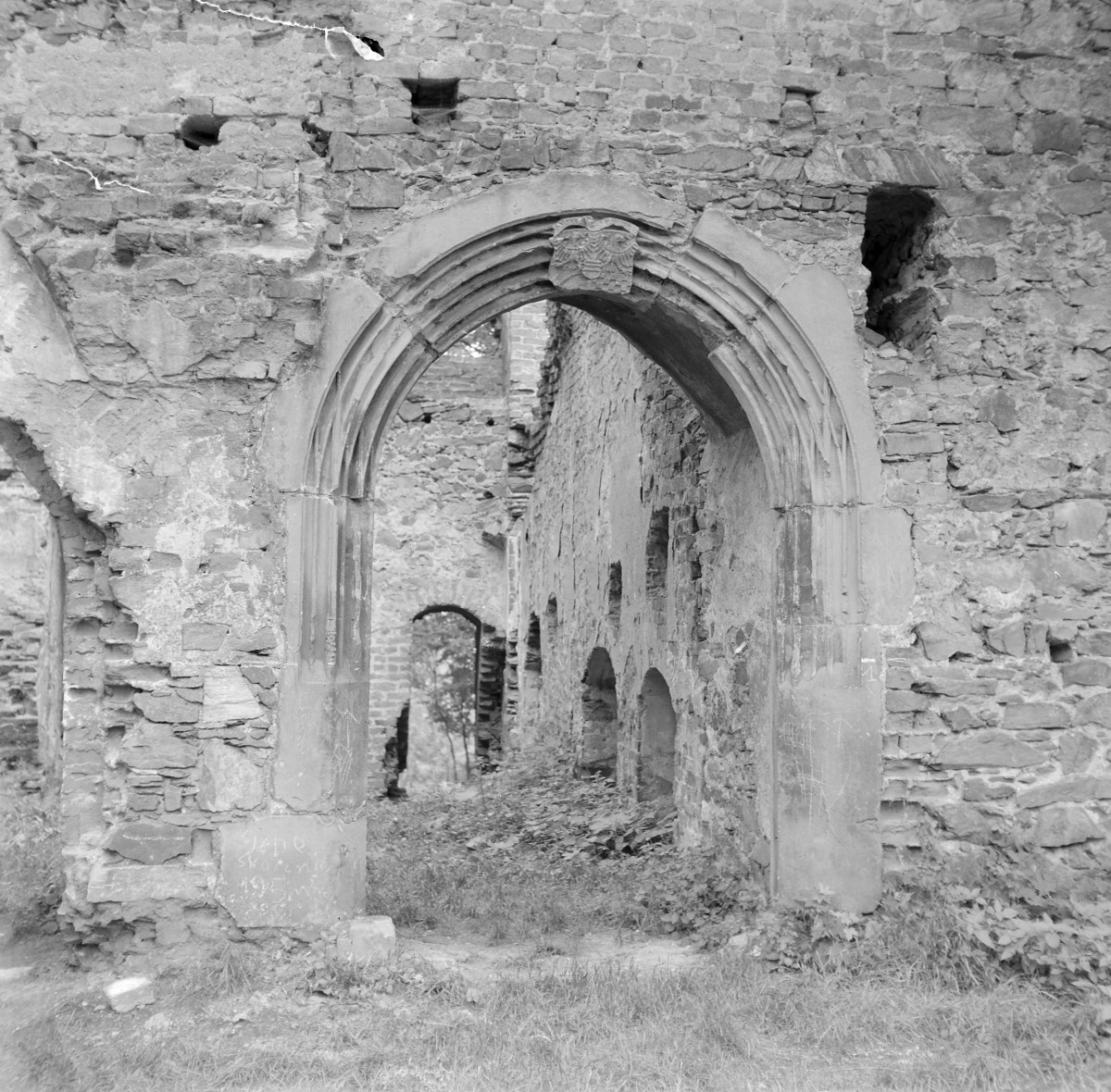 Zamek. Ruiny. Widok od strony dziedzińca, portal płd., skan 1