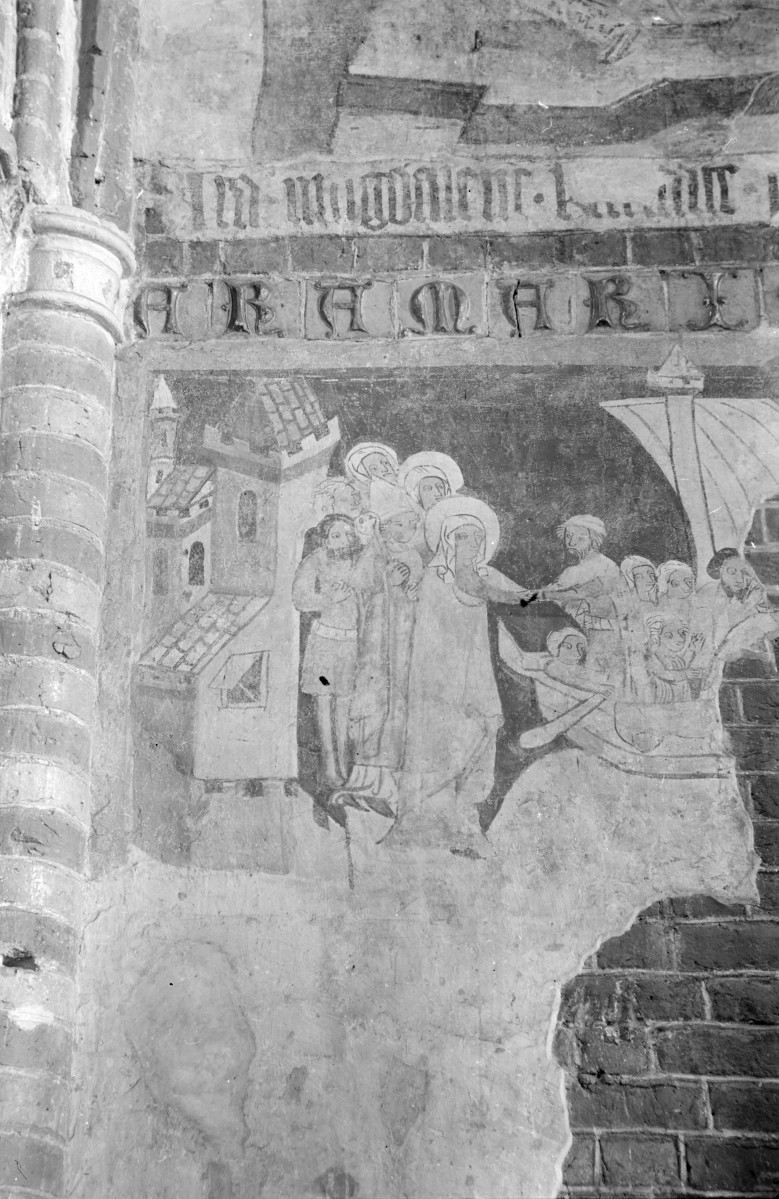kościół Świętych Apostołów Jakuba i Filipa - gotyckie polichromie. Scena z legendy o św. Marii Magdalenie - odjazd księcia marsylskiego do Rzymu, ok. 1480-90 r., skan 1