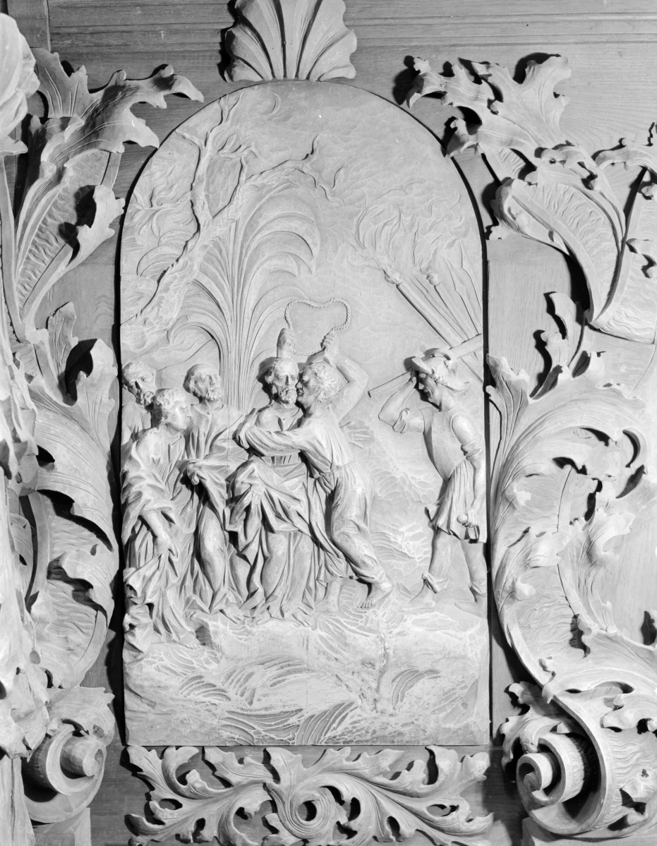 kościół parafialny pw. Wniebowzięcia NMP i Jana Chrzciciela - stalle, płaskorzeźba "Pocałunek Judasza", skan 1