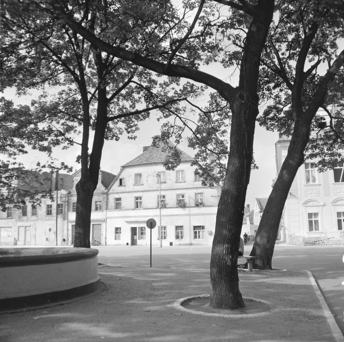 fragment zabudowy miasta - Plac Słowiański - pierzeja północna - po prawej stronie pałac tzw. Wdowi Dom /budynek Urzędu Miasta/, skan 1