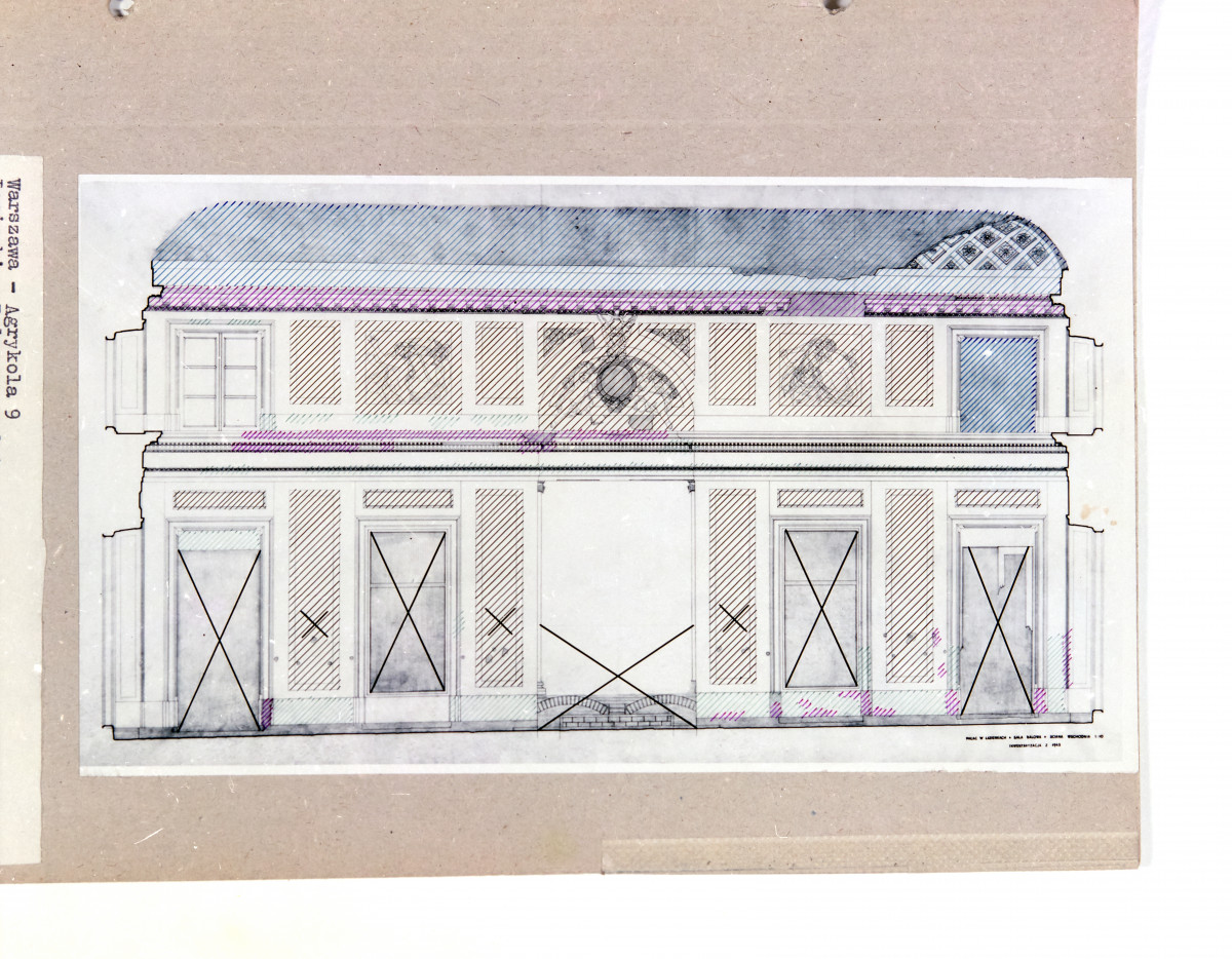 Łazienki Królewskie. Pałac na wodzie - sala balowa. Ściana wsch. (stan w 1955)
Plansza  wykonana przez M. Puciaty na podkładzie inwentaryzacyjnym z 1945 roku. , skan 1