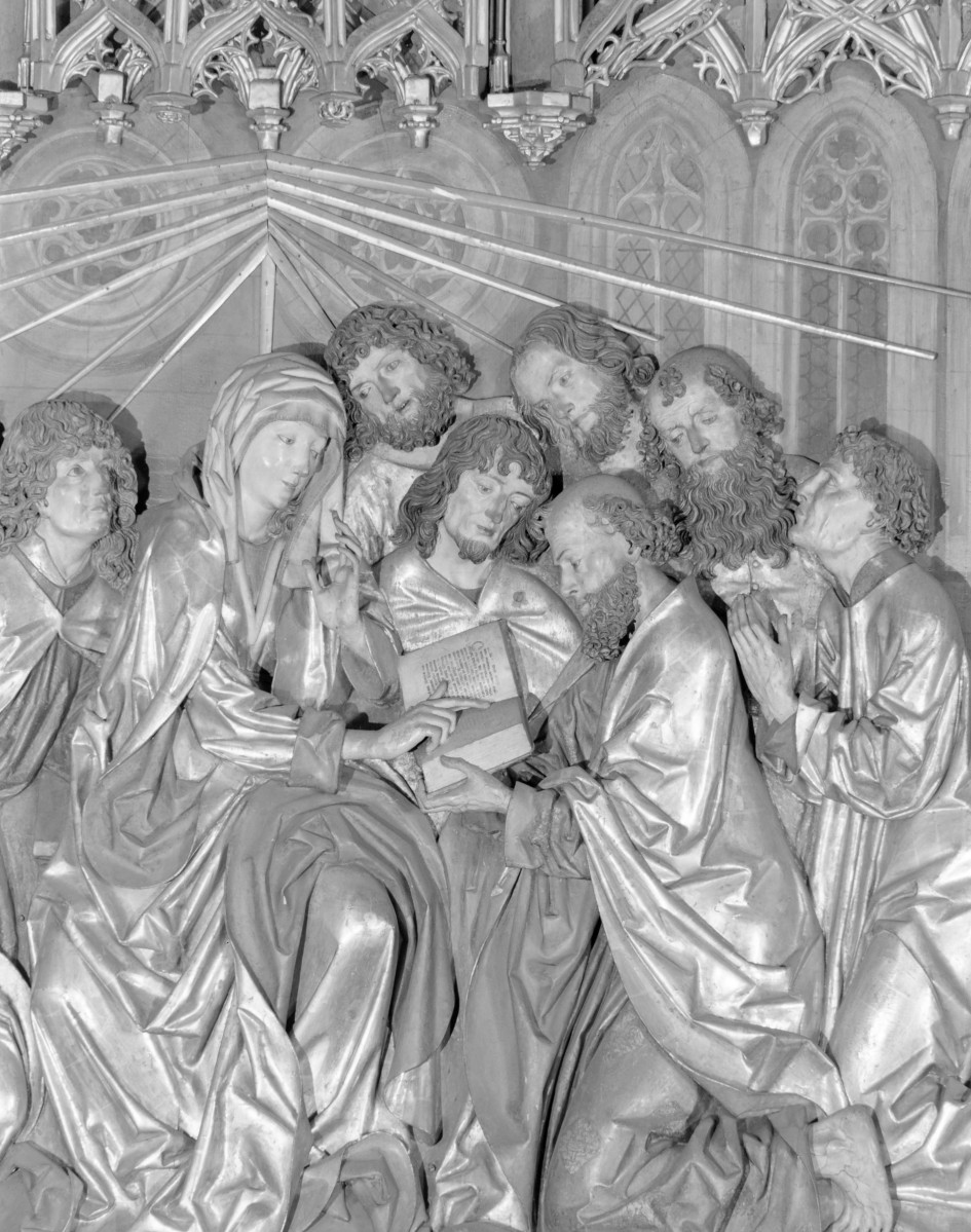 Kościół Mariacki pw. Wniebowzięcia Najświętszej Marii Panny - ołtarz Wita Stwosza, ołtarz otwarty - strona prawa: scena - zesłanie Ducha Świętego, skan 1