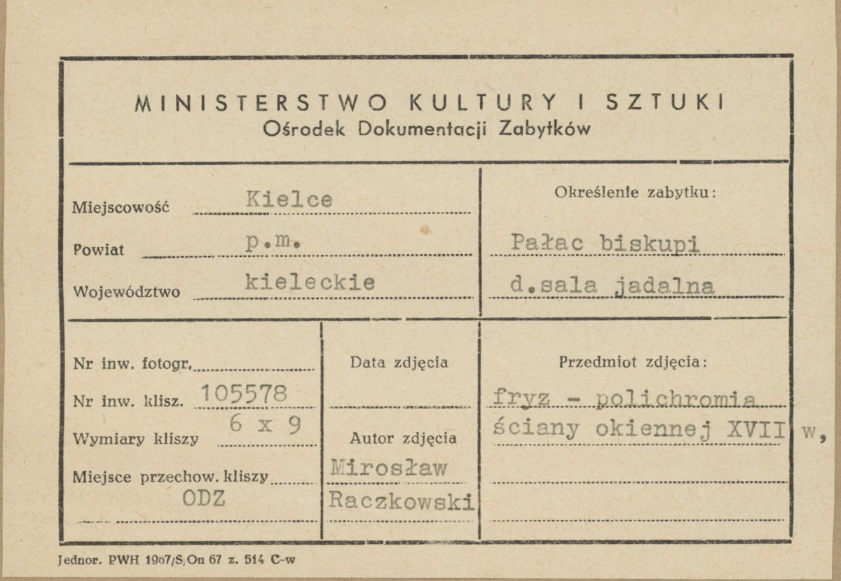 Pałac biskupów - wnętrze, d. sala jadalna, widok polichromii na ścianie okiennej - metryczka, skan 1