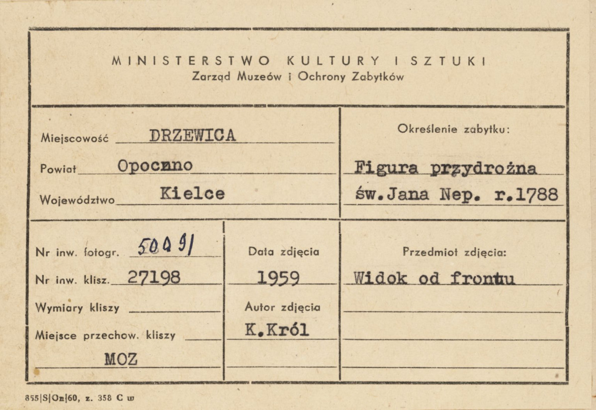 Figura św. Jana Nepomucena przed kościołem parafialnym - metryczka, skan 1