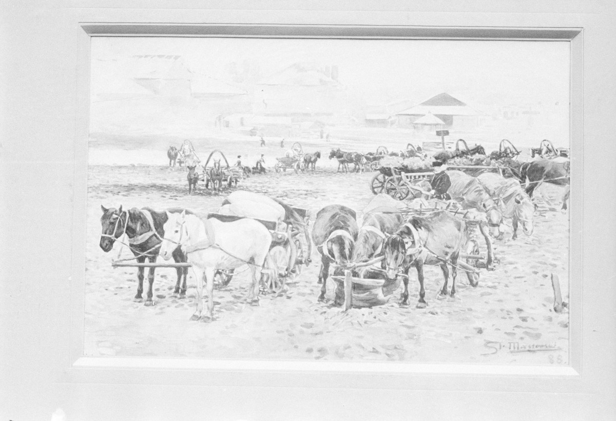 Muzeum Pomorskie w Toruniu, Masłowski Stanisław "Targ na konie", akwarela 330x495 mm, skan 1