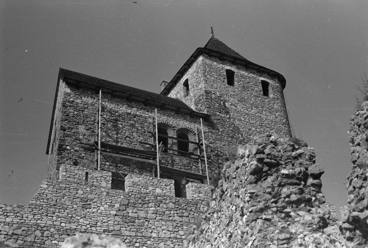 zamek - wieża czworoboczna oraz dom mieszkalny - widok od południa, skan 1