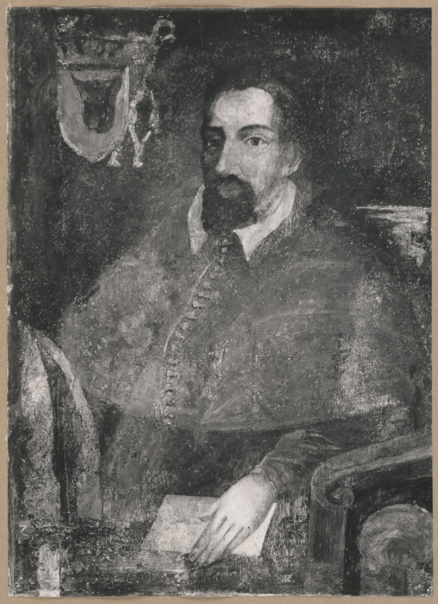 Pałac biskupów - wnętrze, d. sala jadalna, ściana północna, fryz - polichromia, portret bpa Pawła z Przemankowa, skan 1