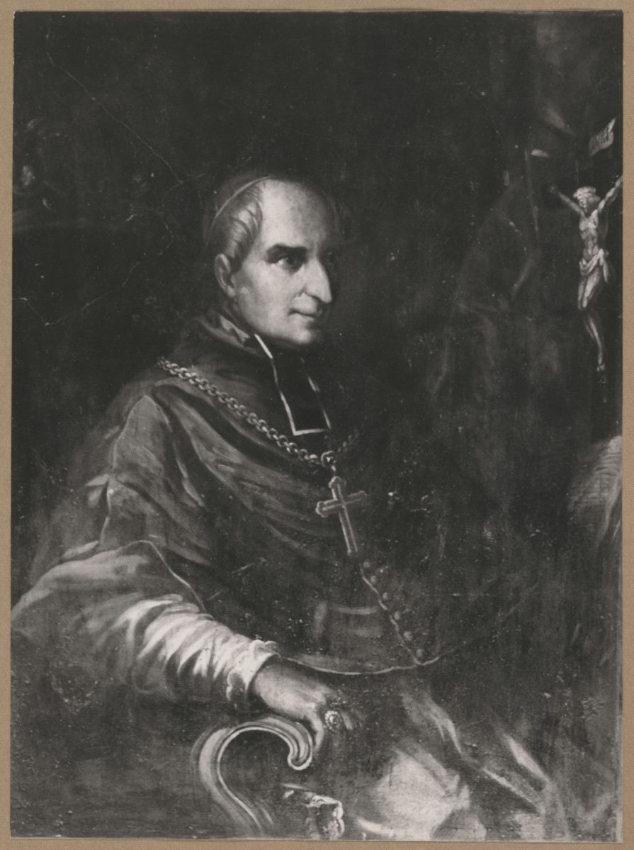 Pałac biskupów - wnętrze, d. sala jadalna, ściana wschodnia, fryz - polichromia, portret bpa Karola Skórkowskiego, skan 1