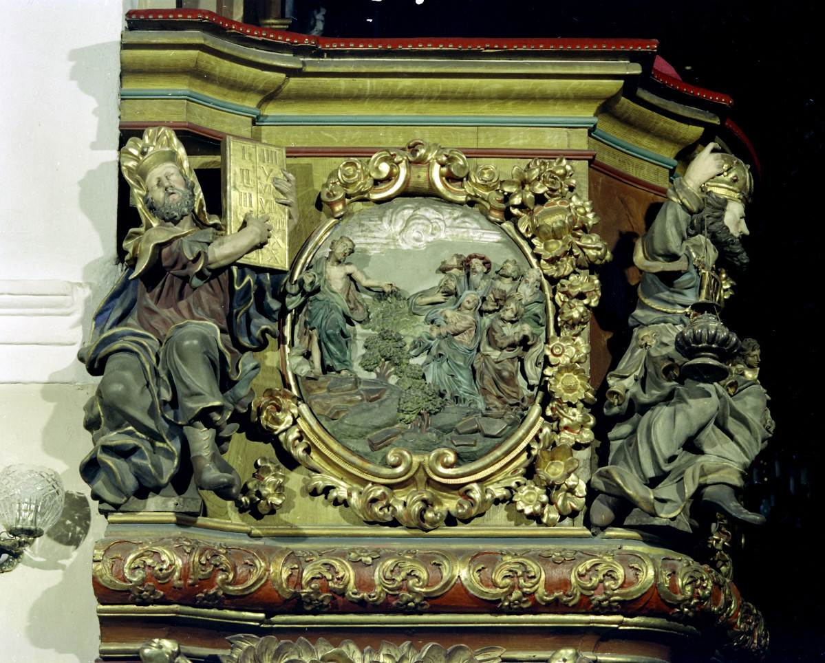 kościół pw. św. Jana Chrzciciela - wnętrze - nawa główna - ambona - fragment, skan 1