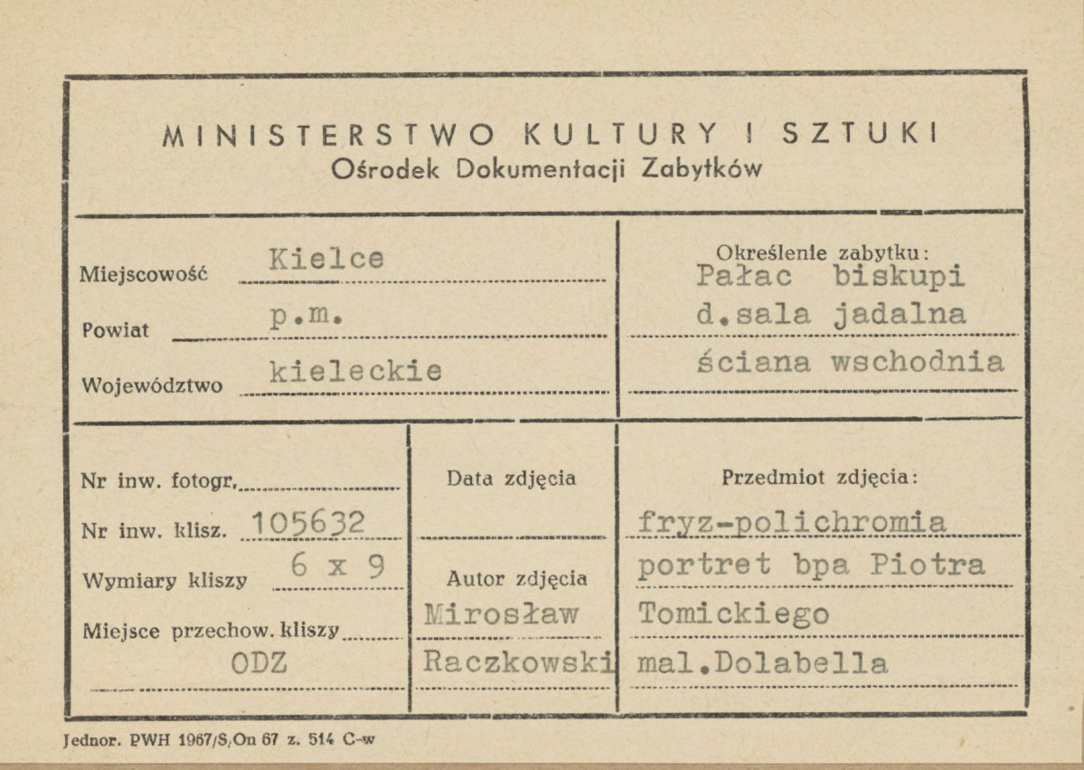Pałac biskupów - wnętrze, d. sala jadalna, ściana wschodnia, fryz - polichromia, portret bpa Piotra Tomickiego, malował Dolabella, - metryczka, skan 1