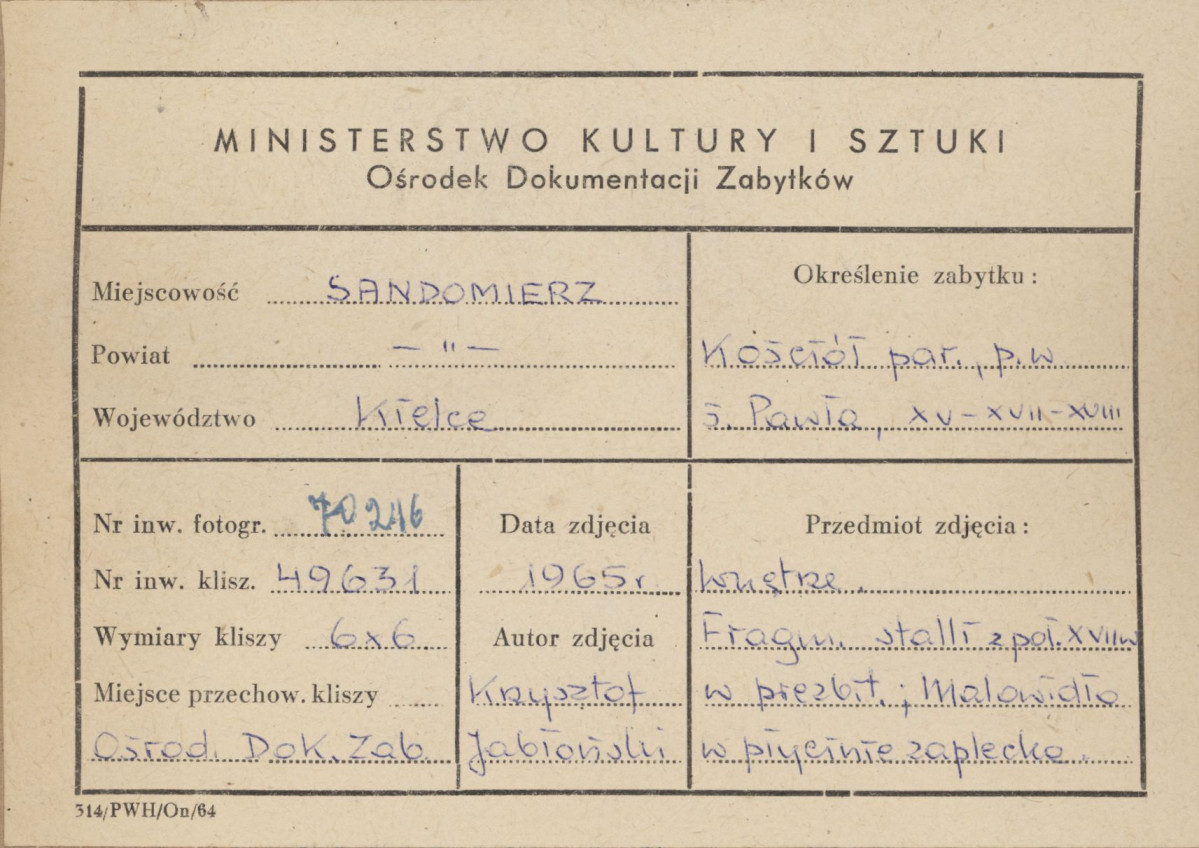 Kościół parafialny pw. św. Pawła - wnętrze, fragment stali, obraz na płycinie zaplecka - metryczka, skan 1