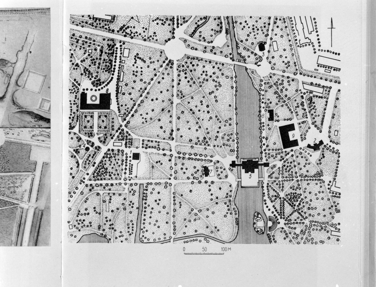 Mapa parku Łazienkowskiego.
Reprodukcja z W. Tatarkiewicz "Dominik Merlini" 1955, skan 1