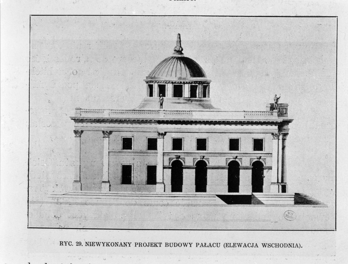 Łazienki Królewskie. Pałac na wodzie - jeden z projektów przebudowy z 1784 (elewacja wschodnia)
Reprodukcja z W. Tatarkiewicz "Pięć studiów o Łazienkach St. Augusta" 1925. , skan 1