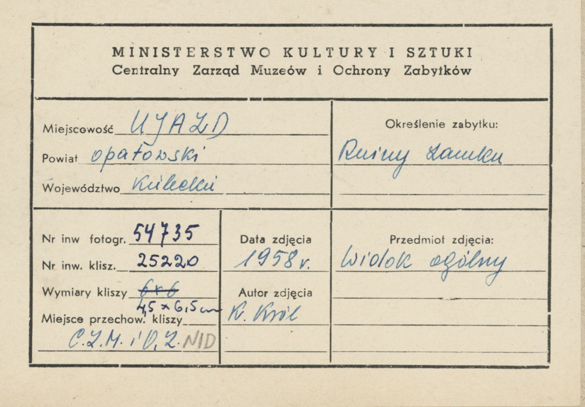 Ruiny zamku  Krzyżtopór  -  widok ogólny od strony płd. - metryczka, skan 1