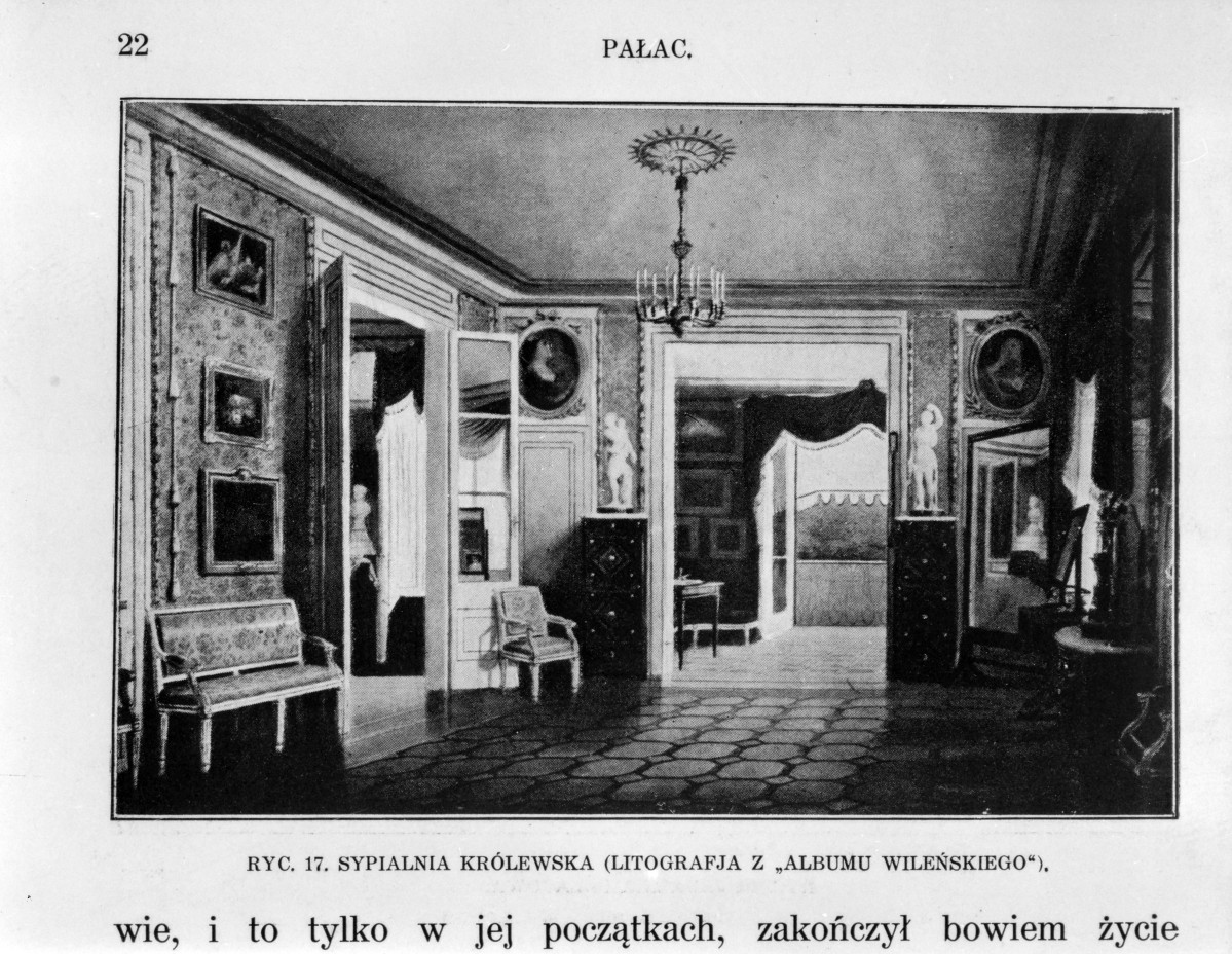 Łazienki Królewskie. Pałac na wodzie - sypialnia. (litografia z "Albumu Wileńskiego").
Reprodukcja z W. Tatarkiewicz "Pięć studiów o Łazienkach St. Augusta" 1925, skan 1