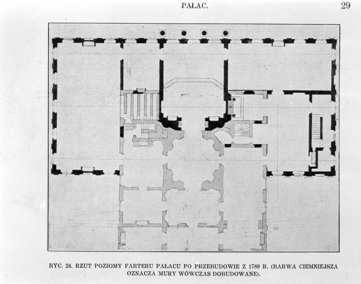 Łazienki Królewskie. Pałac na wodzie. Rzut poziomy parteru pałacu po przebudowie z 1788 r.  rysunek autorstwa Tonzi 1925 rok.
Reprodukcja z W. Tatarkiewicz "Pięć studiów o Łazienkach St. Augusta" 1925, skan 1
