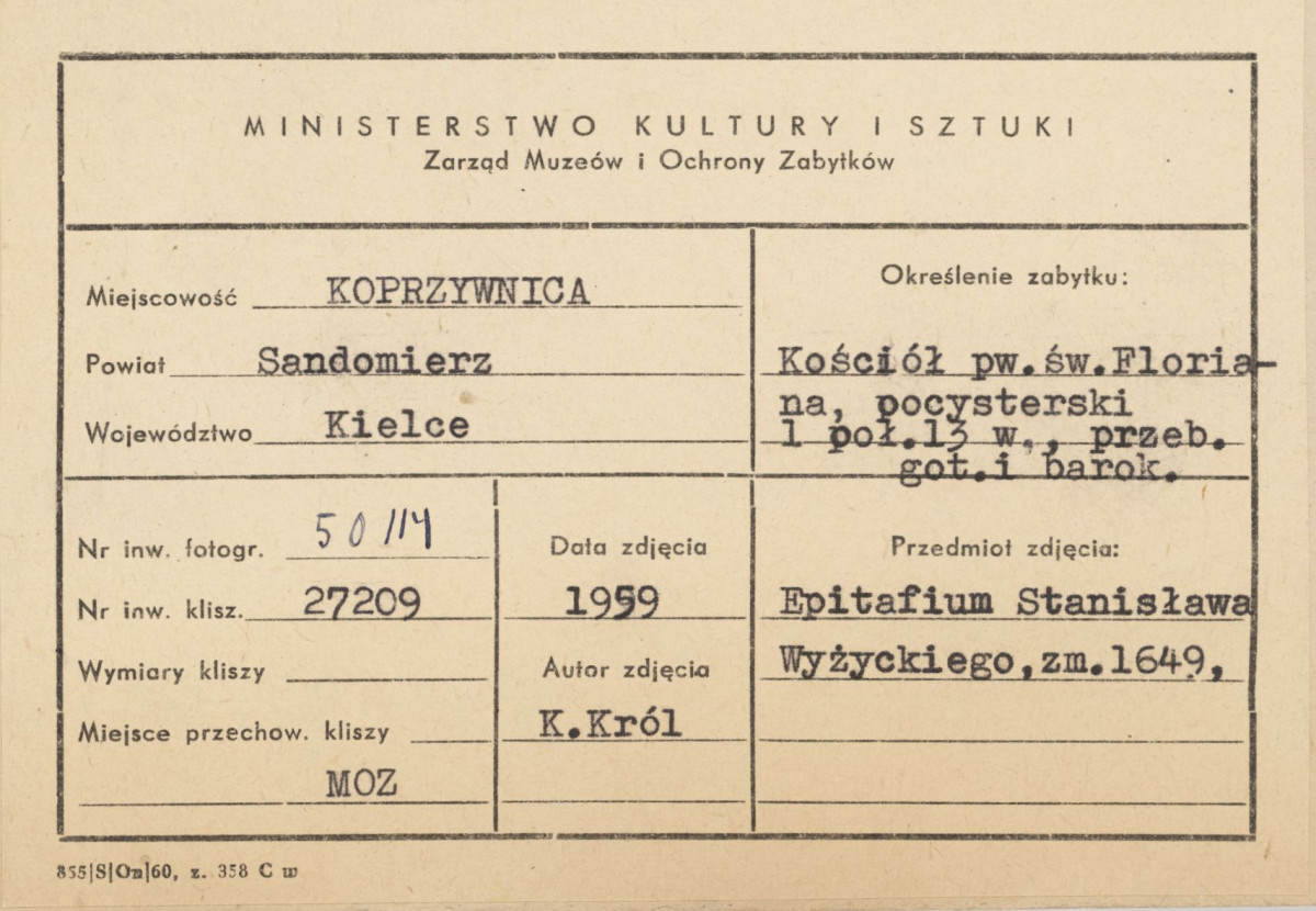 Zespół klasztorny - kościół, wnętrze, widok epitafium Stanisława Wyżyckiego  - metryczka, skan 1
