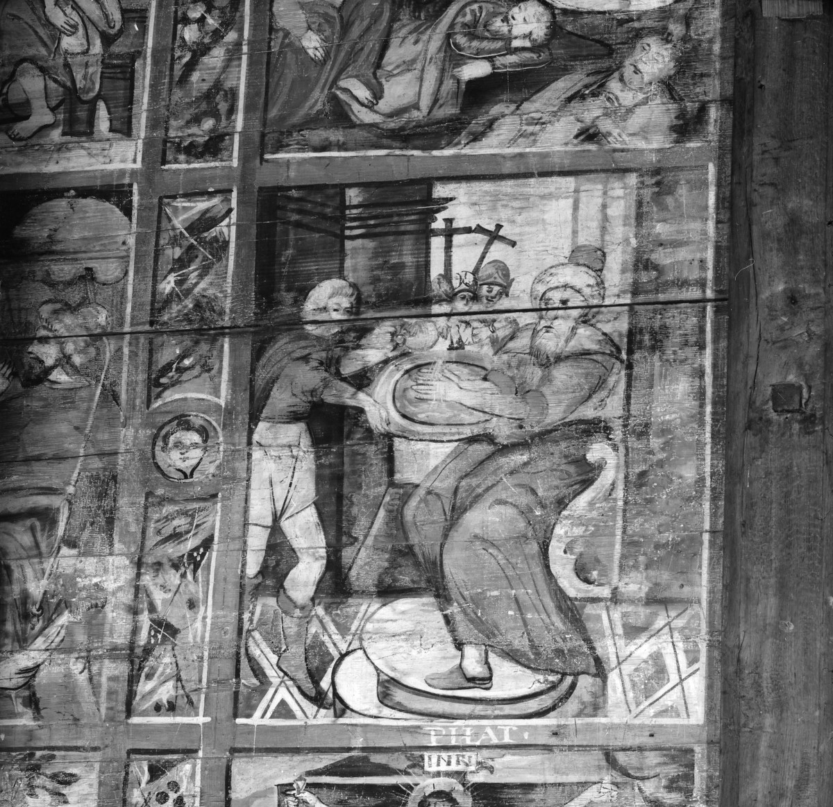 kościół pw. św. Michała Archanioła - nawa główna - ściana północna - fragment polichromii - cykl pasyjny - Chrystus przed Piłatem /Umycie Rąk/, skan 1