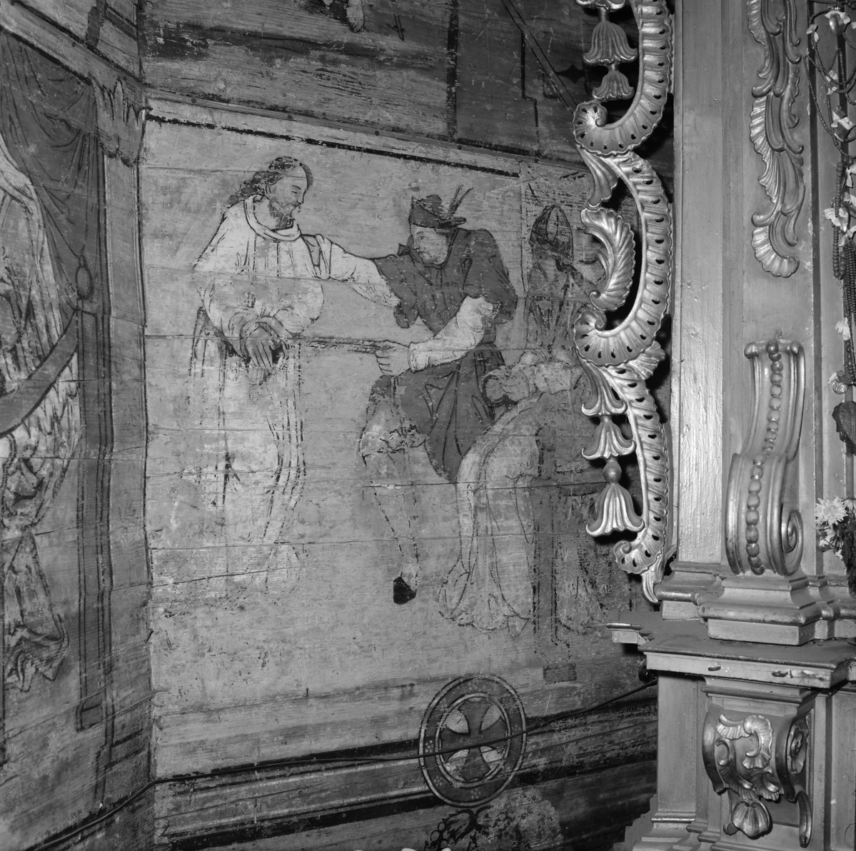 kościół parafialny pw. Matki Boskiej Różańcowej i św. Jana Kantego, 1527 r. - polichromia 1. połowa XVII w. - Chrystus przed Arcykapłanem, skan 1