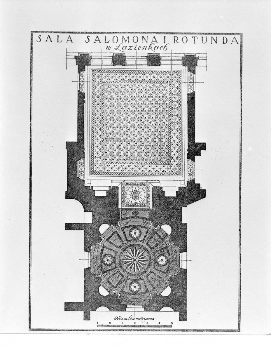 Łazienki Królewskie. Pałac na Wodzie. Sala Salomona i Rotunda oraz posadzka. 
Reprodukcja z L. Niemojewski "Wnętrza architektoniczne pałaców Stanisławowskich" 1927., skan 1