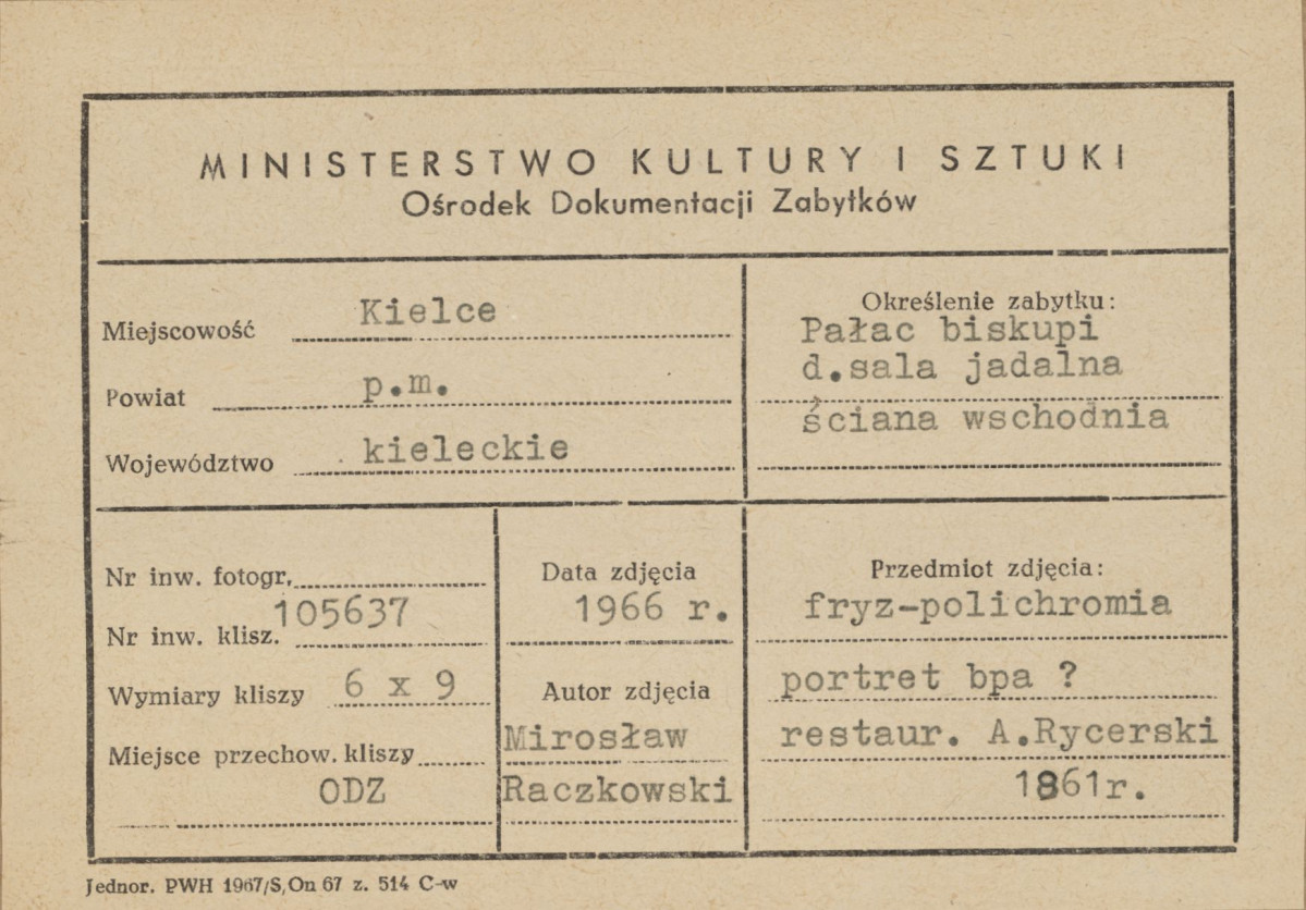 Pałac biskupów - wnętrze, d. sala jadalna, ściana wschodnia, fryz - polichromia, portret duchownego - metryczka, skan 1