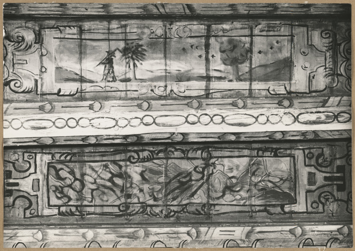 Pałac biskupów - wnętrze, d. sala jadalna, fragment polichromii stropu , skan 1