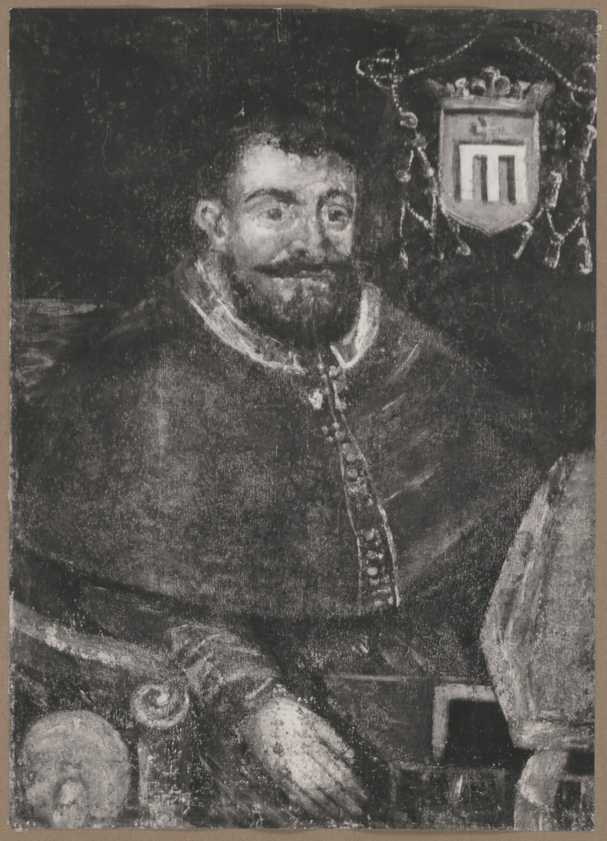 Pałac biskupów - wnętrze, d. sala jadalna, ściana południowa, fryz - polichromia, portret biskupa Andrzeja Zebrzydowskiego, skan 1