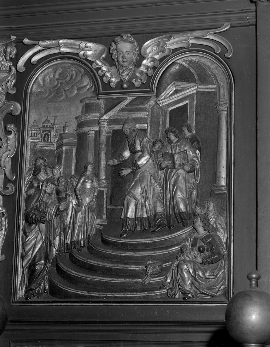 Kościół Mariacki pw. Wniebowzięcia Najświętszej Marii Panny - stalle w prezbiterium (ok. 1635) - scena - ofiarowanie Marii w świątyni, skan 1