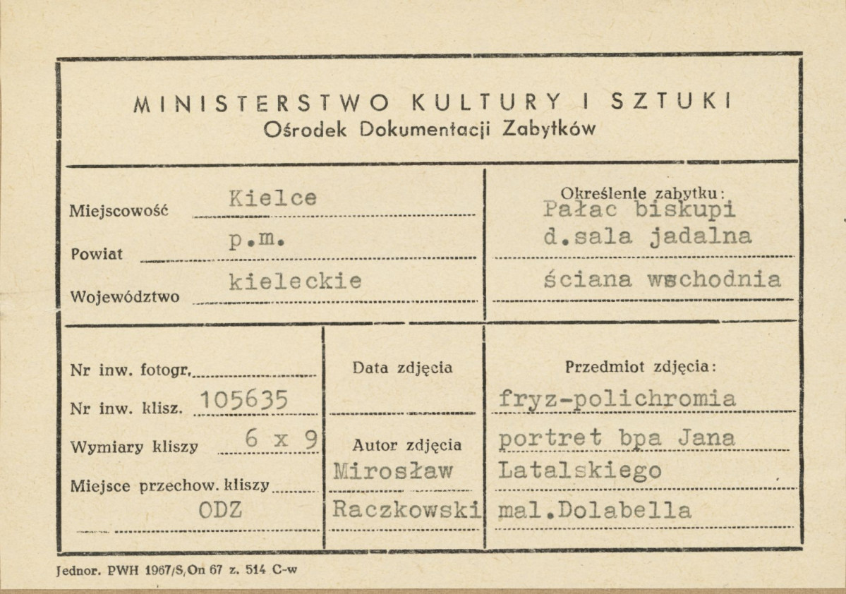 Pałac biskupów - wnętrze, d. sala jadalna, ściana wschodnia, fryz - polichromia, portret bpa Jana Latalskiego, malował Dolabella, - metryczka, skan 1