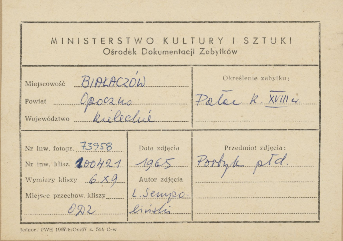Zespół pałacowo - parkowy, pałac - portyk kolumnowy - metryczka, skan 1