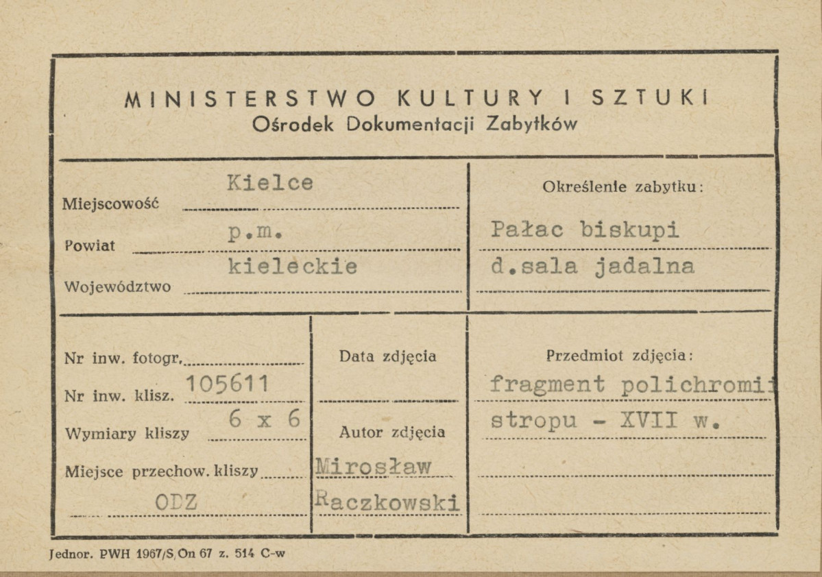 Pałac biskupów - wnętrze, d. sala jadalna, fragment polichromii stropu - metryczka, skan 1