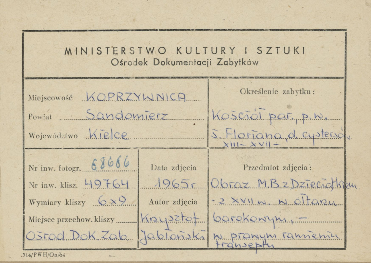 Zespół klasztorny - kościół, wnętrze , obraz Matki Boskiej z Dzieciątkiem w ołtarzu bocznym - metryczka, skan 1