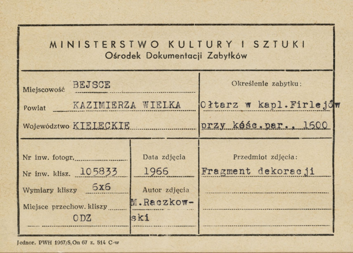 Kaplica Firlejów - ołtarz - fragment dekoracji - metryczka, skan 1