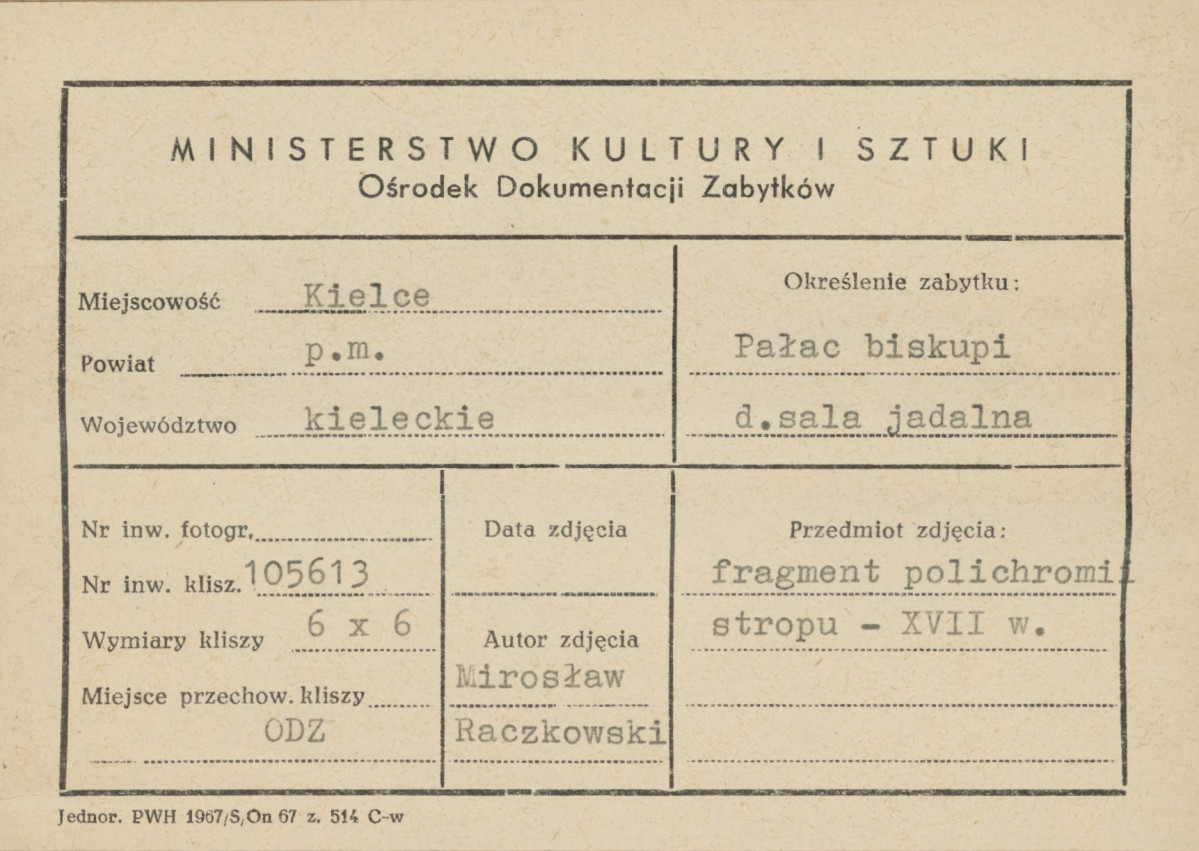 Pałac biskupów - wnętrze, d. sala jadalna, fragment polichromii stropu - metryczka, skan 1