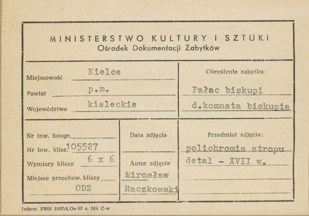 Pałac biskupów - wnętrze, d. komnata biskupia, fragment polichromii stropu - metryczka, skan 1