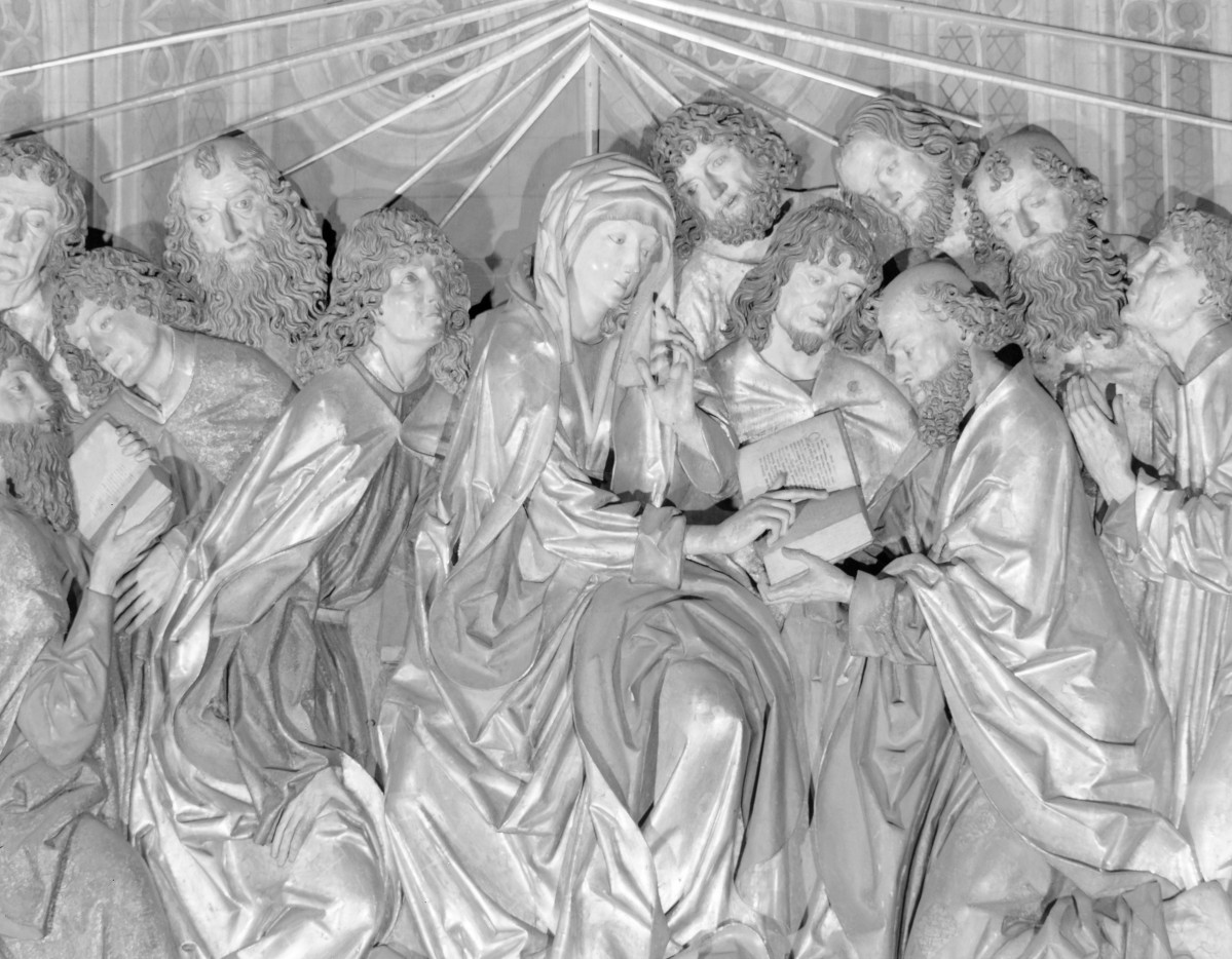 Kościół Mariacki pw. Wniebowzięcia Najświętszej Marii Panny - ołtarz Wita Stwosza, ołtarz otwarty - śtrona prawa: scena - zesłanie Ducha Świętego, skan 1