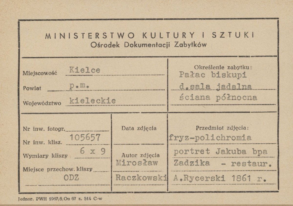 Pałac biskupów - wnętrze, d. sala jadalna, ściana północna, fryz - polichromia, portret bpa Jakuba Zadzika, - metryczka, skan 1
