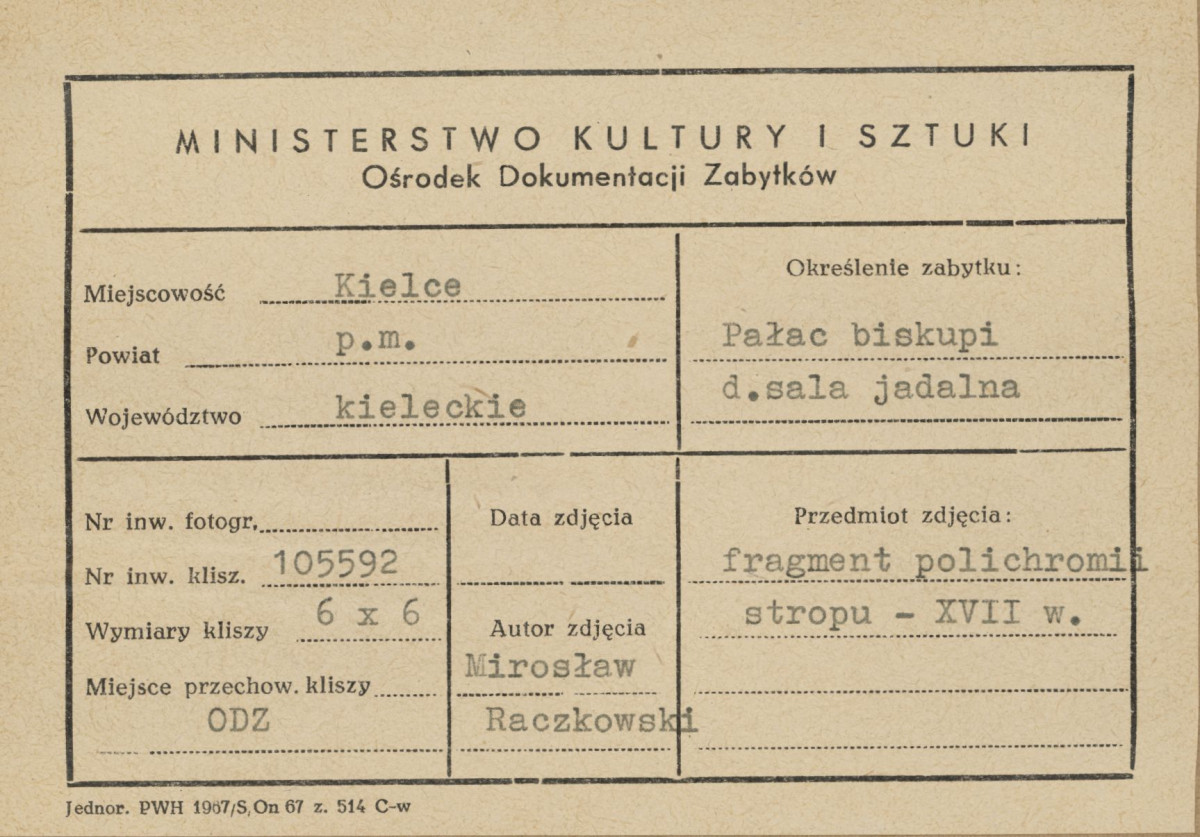 Pałac biskupów - wnętrze, d. sala jadalna, fragment polichromii stropu - metryczka, skan 1