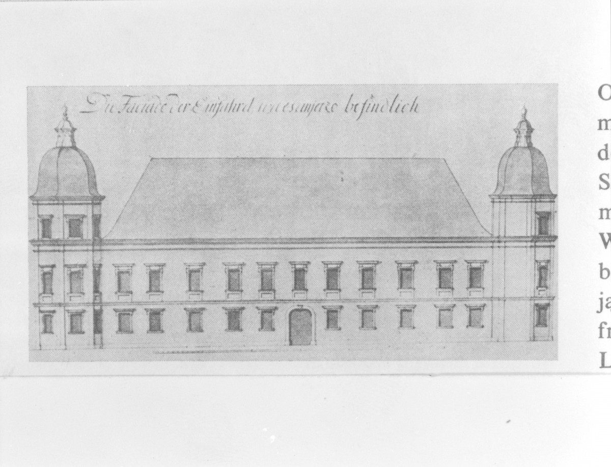 Zamek Ujazdowski. Fasada.(rys. z pocz. XVIII wieku)
Reprodukcja M. Kwiatkowski "Łazienki - Belweder" 1986., skan 1