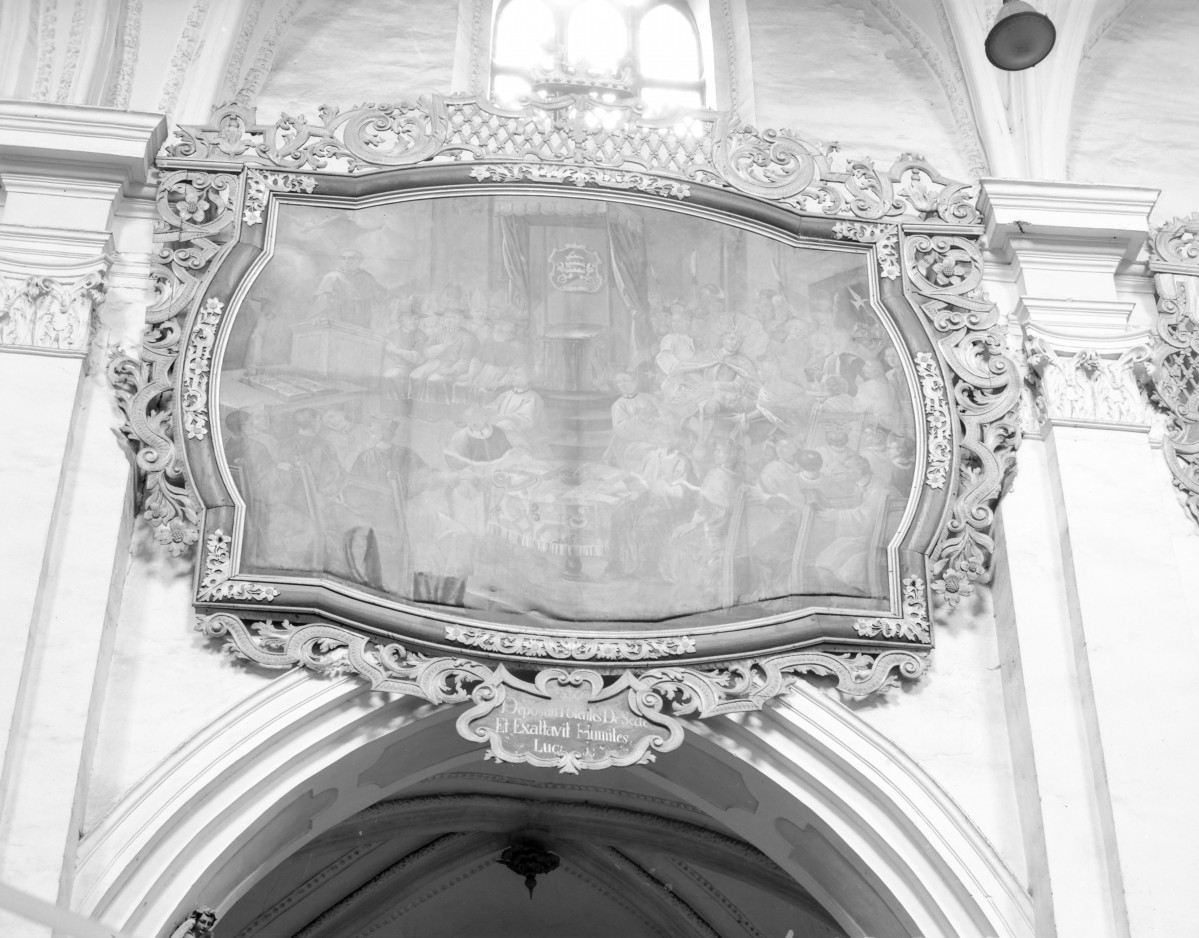 kościół parafialny pw. Wniebowzięcia NMP i Jana Chrzciciela - wnętrze: obraz "Dysputa w Palermo" Nicolaus Bonora z 1729, skan 1