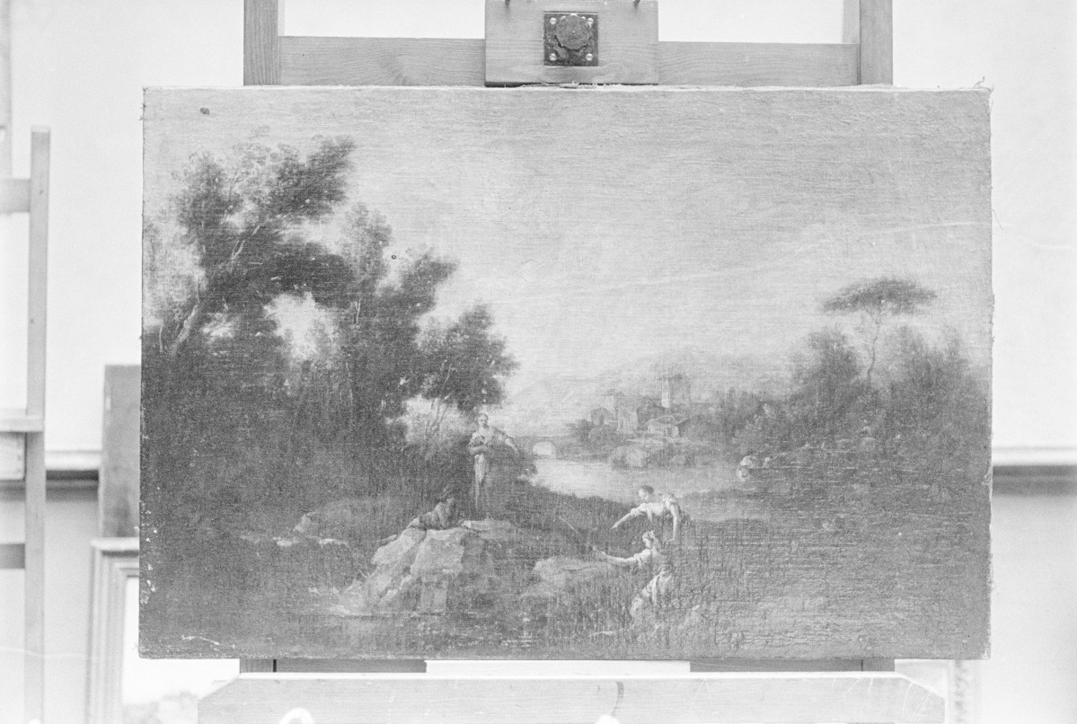 szkoła włoska XVIII w. - pejzaż ze sceną rodzajową, olej na płótnie, Muzeum Pomorskie w Gdańsku (ob. Muzeum Narodowe w Gdańsku), skan 1