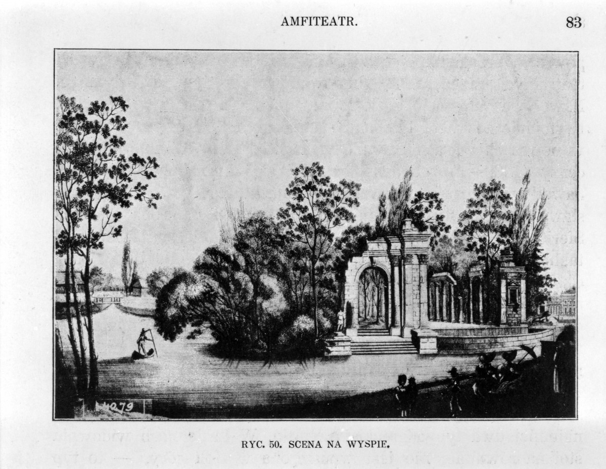 Łazienki Królewskie. Amfiteatr. Scena na wyspie. (litografia z II połowy XVIII).
Reprodukcja z W. Tatarkiewicz "Pięć studiów o Łazienkach St. Augusta" 1925, skan 1