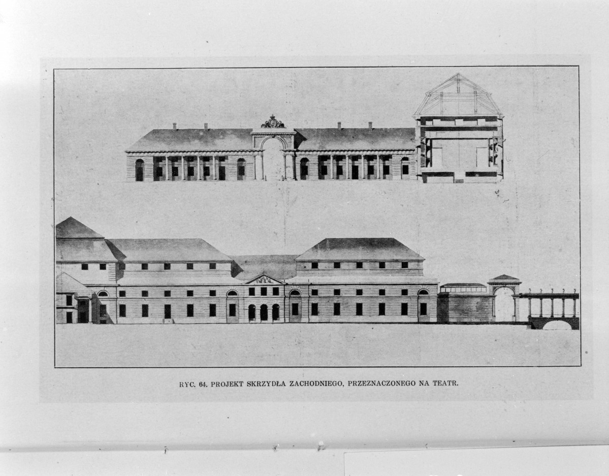 Łazienki Królewskie. Pałac na wodzie - jeden z projektów pawilonów przeznaczonych na teatr.
Reprodukcja z W. Tatarkiewicz "Pięć studiów o Łazienkach St. Augusta" 1925. strona 64, skan 1