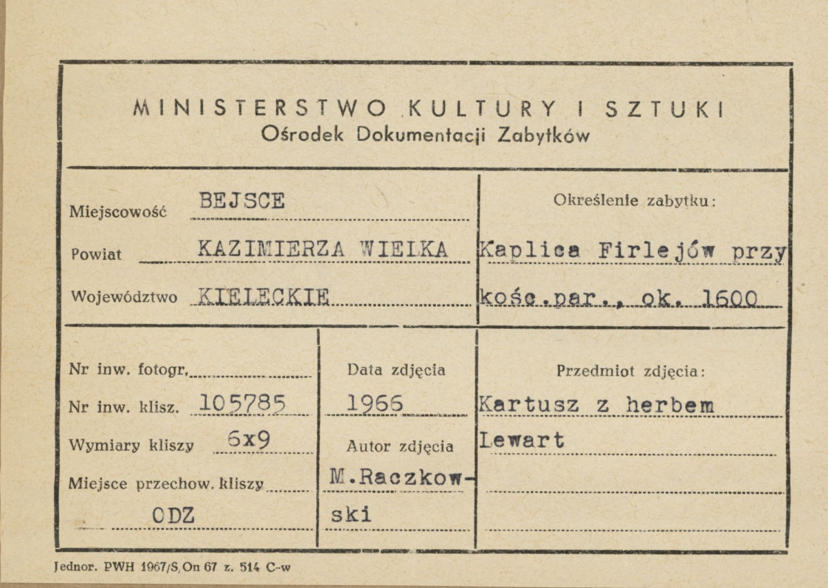 Kaplica Firlejów - kartusz z herbem Lewart - metryczka, skan 1