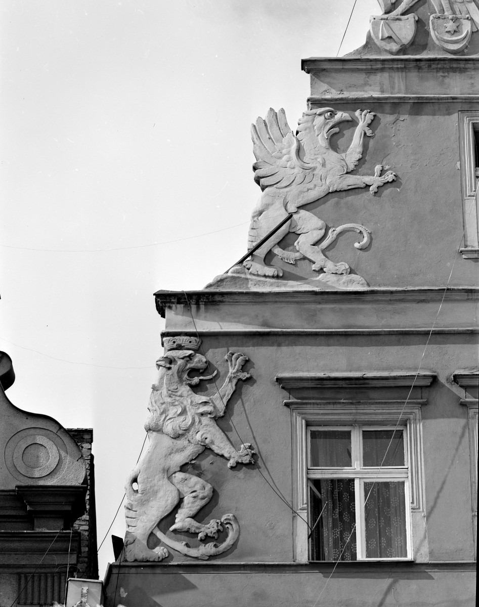 Rynek - kamienica "Pod Gryfami", elewacja frontowa, fragment szczytu, detale, skan 1