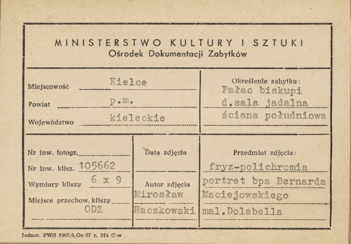 Pałac biskupów - wnętrze, d. sala jadalna, ściana południowa, fryz - polichromia, portret biskupa Bernarda Maciejowskiego - metryczka, skan 1